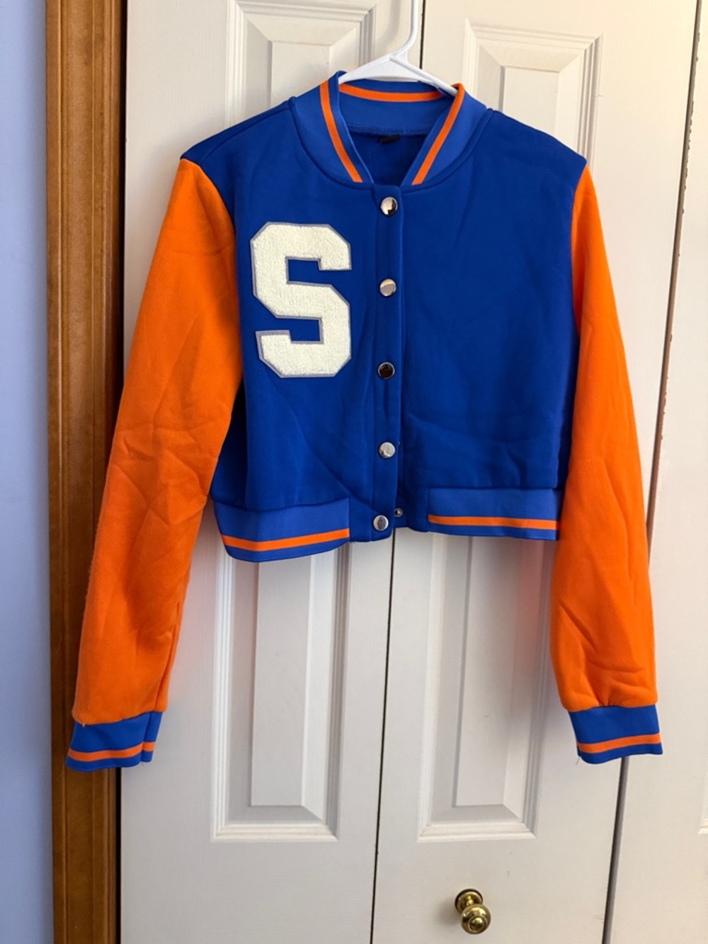 SHEIN Blue & Orange Varsity Crop Jacket with White 'S' Patch